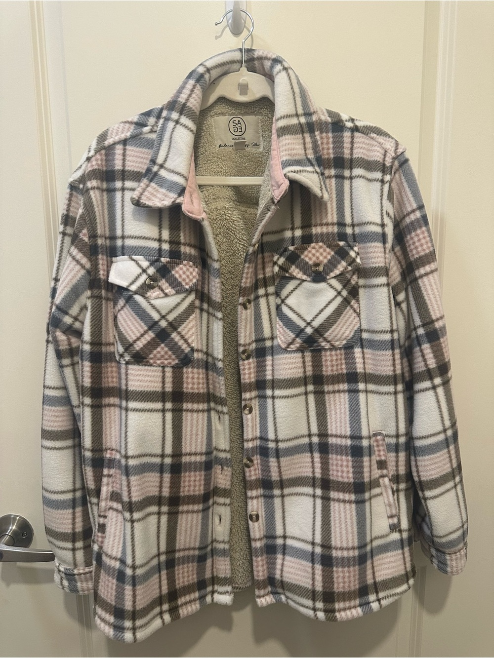 Sherpa-Lined Plaid Jean Jacket in Pink & Cream